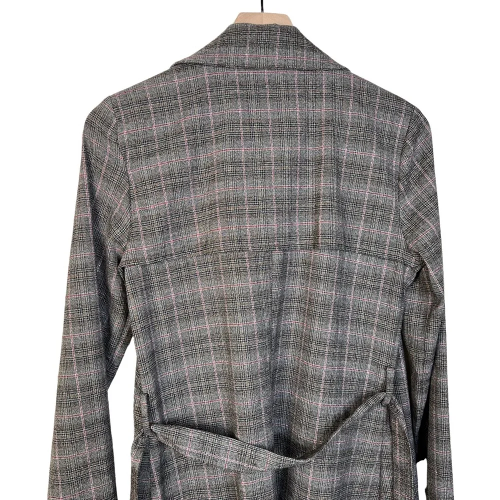 NWOT Jennifer Lopez Gray Plaid Belted Wrap Tie Waist Trench Coat Red Small - Picture 5 of 12